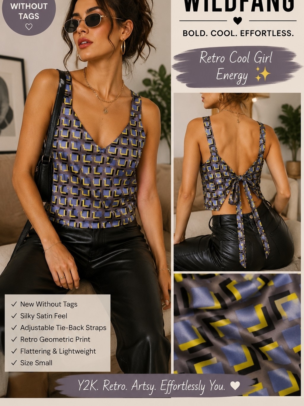💜✨ WILDFANG “The Empower Satin Cami” Geometric Print Top | Retro Mod Y2K Vibes
